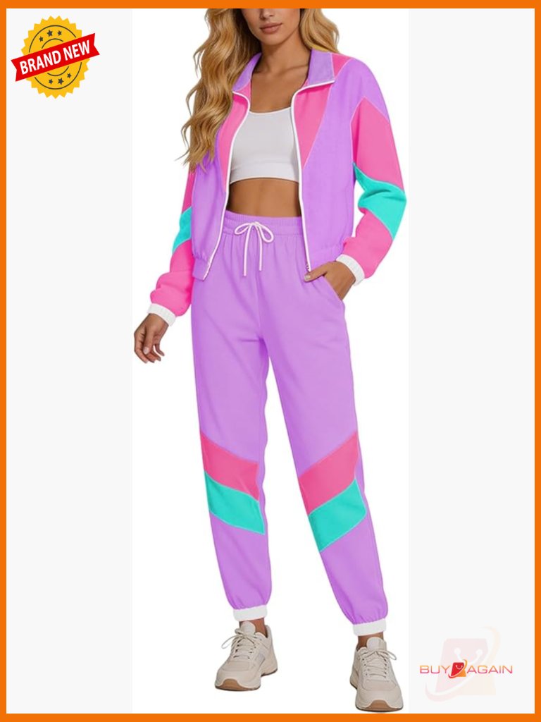 80s Track Suit Women Set Retro Color Block Windbreaker Jacket Sweatpants